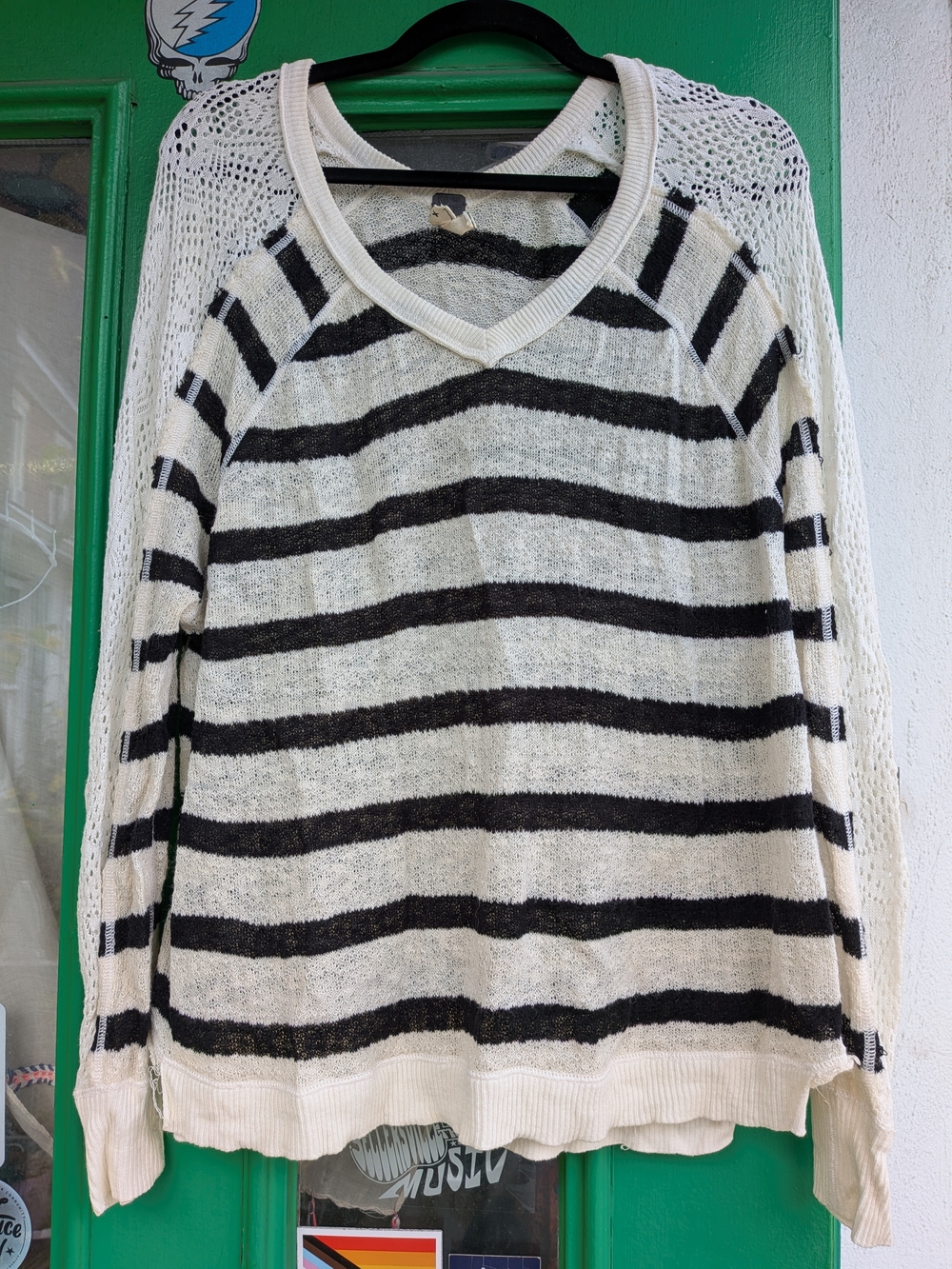 We The Free Lightweight Black & Cream Striped V-Neck Sweater With Crochet
